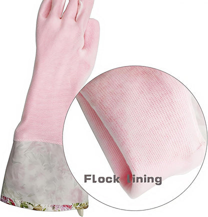 KINGFINGER PVC Latex-Free Long Dishwashing Gloves for Household Cleaning, Waterproof, 2-Pair Large with Long Cuff & Flock Lining