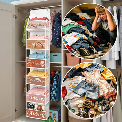 2 Pack Weekly Clothes Organizer for Kids, 6 Shelf Hanging Closet Organizer with Clear Window, Foldable Days of the Week Over the Door Outfit Organizer with Labels for Closet School