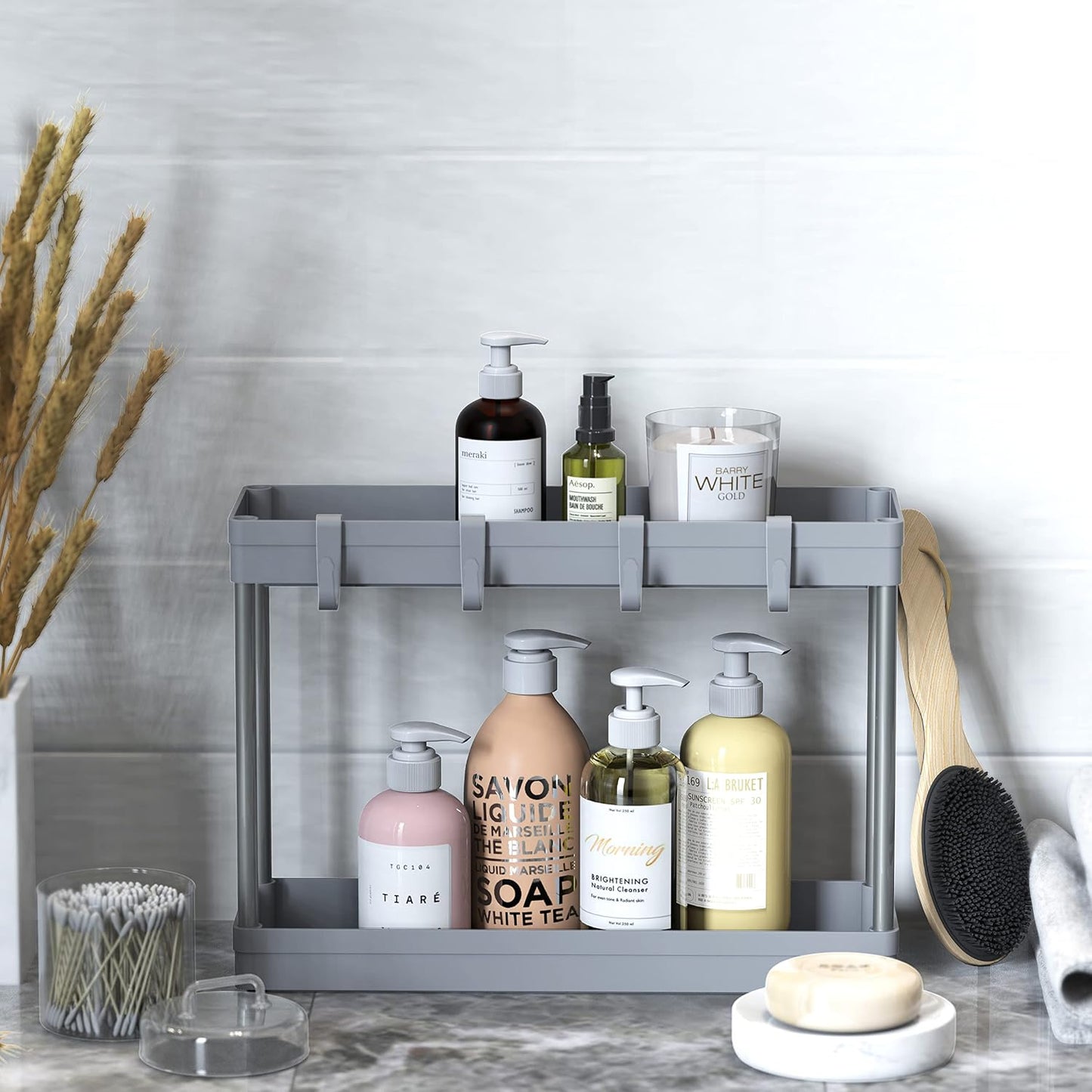 Simple Houseware 2-Tier Under Sink Organizer Storage Tray with Hooks, White