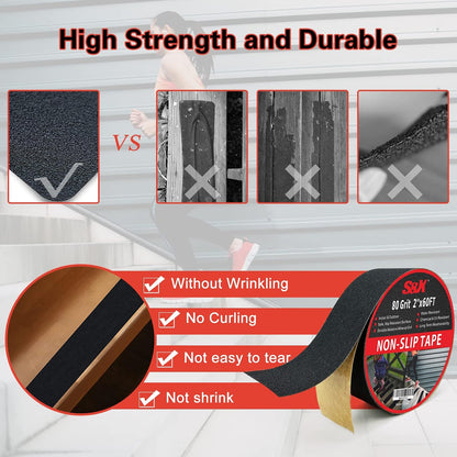 S&X Premium Outdoor Anti-Slip Tape - 4" x 60' Black Non-Slip Traction for Stairs, Ramps, Walkways, Boats, Weatherproof, High Traction, Long-Lasting Safety Solution