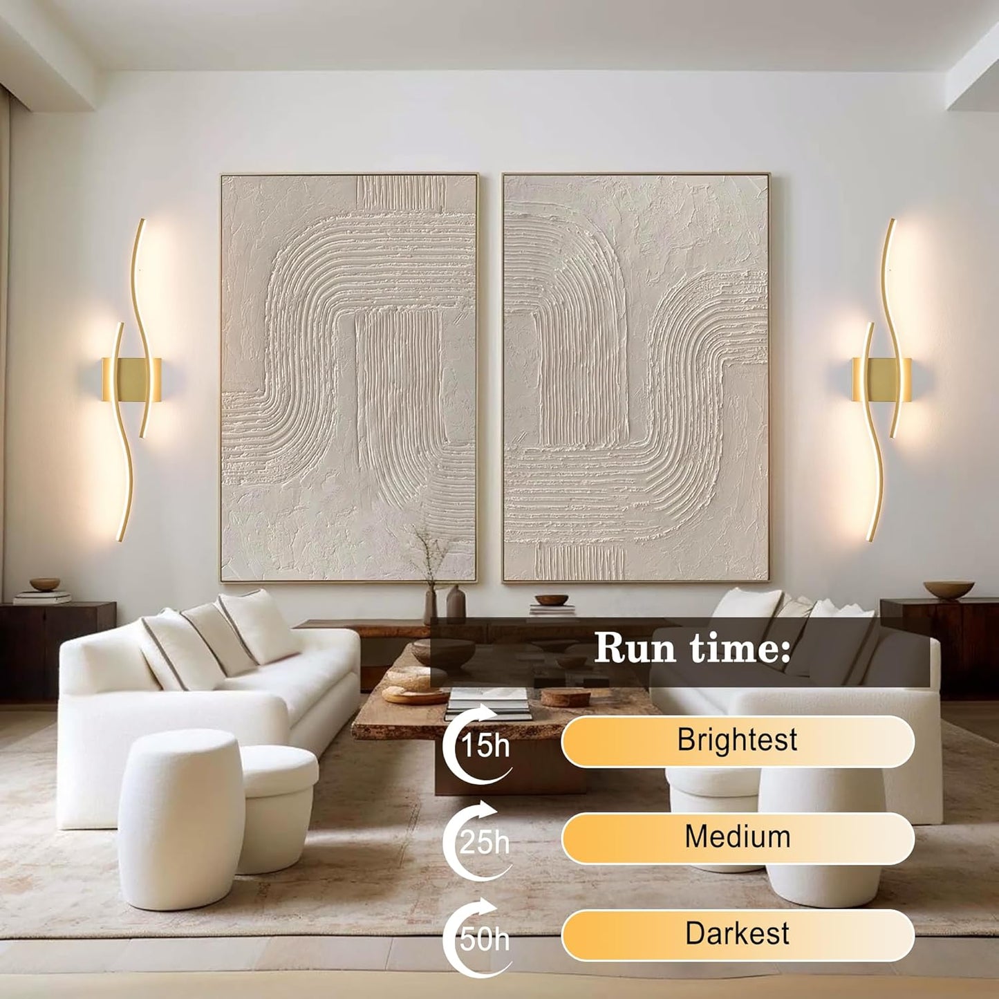 KARTOOSH Battery Operated Wall Sconces Set of Two with Remote Control, Dimmable/3 Colors/Night-Light/Timer/Memory, Gold Modern Wireless LED Sconce for Living Room, Hallway, Bedroom, 27.5 Inch (2 Pack)