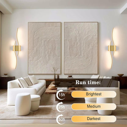 KARTOOSH Battery Operated Wall Sconces Set of Two with Remote Control, Dimmable/3 Colors/Night-Light/Timer/Memory, Gold Modern Wireless LED Sconce for Living Room, Hallway, Bedroom, 27.5 Inch (2 Pack)