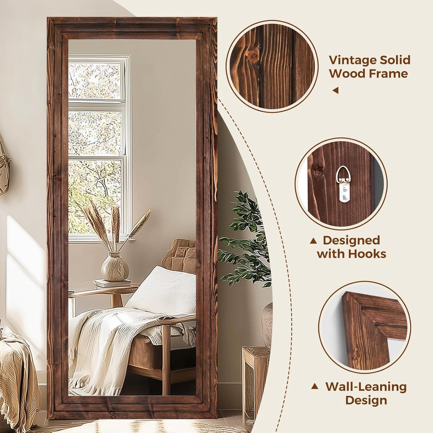 65"x22" Full Length Mirror Solid Wood Frame Floor Mirror with Stand for Living Room, Bedroom Hanging Standing or Leaning, Brown