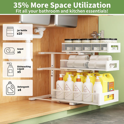 3-Tier Under Sink Organizer,2 Pack Height Adjustable Pull Out Cabinet Organizer Shelf, Thickened Metal Slide out Storage Drawer Rack for Bathroom Laundry Room Kitchen Pantry Organization (White)