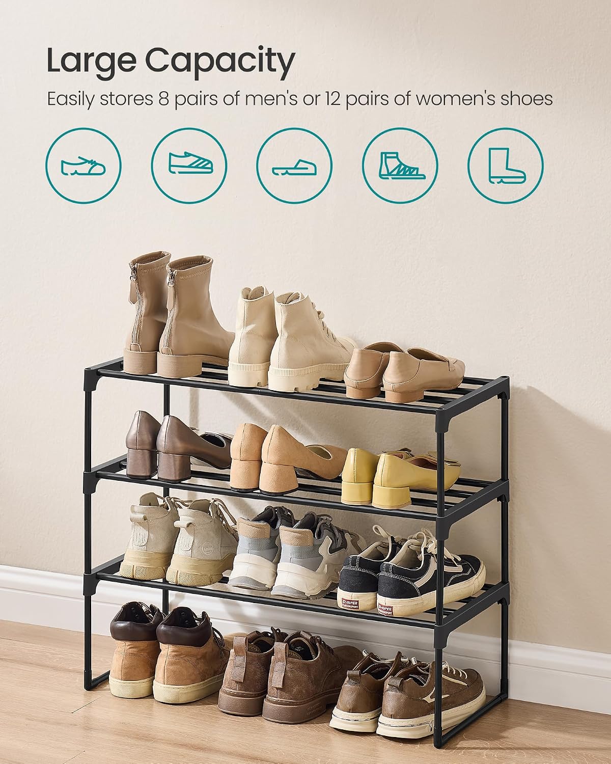 SONGMICS Shoe Rack, 6-Tier Shoe Organizer, Metal Storage Shelf, Upright or Upside Down, for 24-30 Pairs, Stackable, for Entryway, 11.8 x 36.2 x 42.7 Inches, Black ULSA306BH01