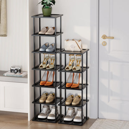 Vertical Tall Shoe Rack Organizer for Entryway -7 Tier Free Standing Slim Narrow Bamboo Wood Corner Stackable Shoe Boots Storage Stand Small Spaces for Closet Garage Cloakroom Living Room (Black)