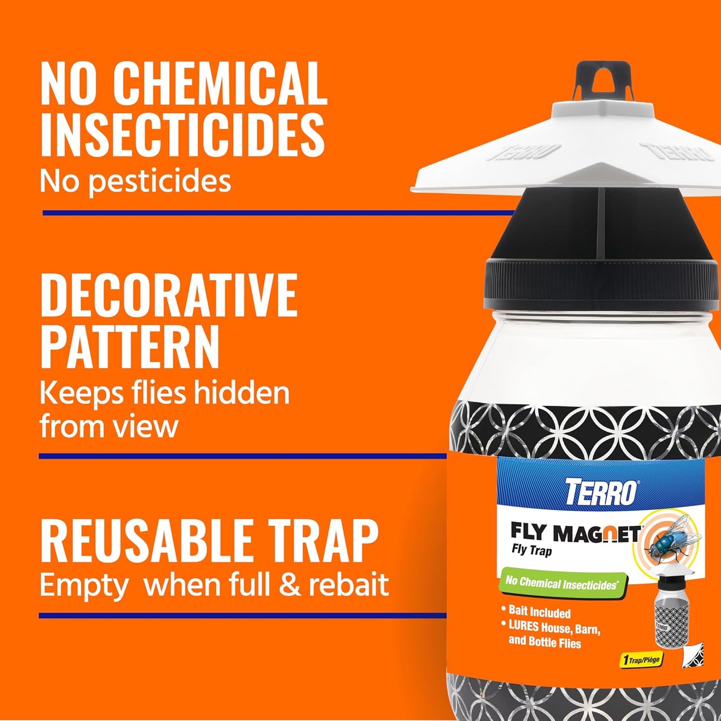 TERRO Fly Magnet Trap, Reusable Poison-Free Outdoor Fly Catcher with Bait | Kills House Flies, Barn Flies & Bottle Flies, Easy to Use Outdoor Fly Trap for Patios & Decks, Bait Activates in Hours
