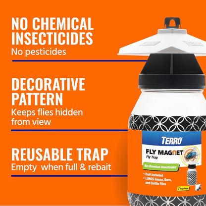 TERRO Fly Magnet Trap, Reusable Poison-Free Outdoor Fly Catcher with Bait | Kills House Flies, Barn Flies & Bottle Flies, Easy to Use Outdoor Fly Trap for Patios & Decks, Bait Activates in Hours