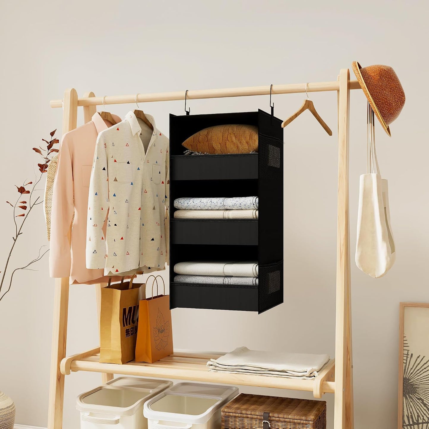 3-Shelf Hanging Closet Organizer, Washable Foldable Storage, Dark Gray | Front lip keeps items secure; side pockets add room; Oxford fabric handles towels, shirts, baby items, dorms, RVs or travel.