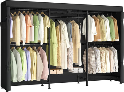 SONGMICS Heavy-Duty Clothes Rack, Garment Rack, Portable Closet, 68.7-Inch Wide Clothing Rack with Adjustable Mesh Shelves and Hanging Rails, Ink Black ULGR433B01