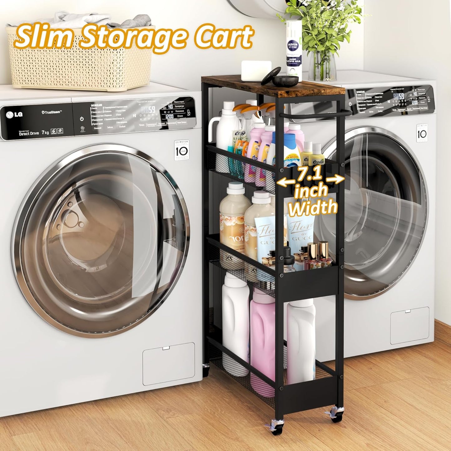 Vincona 7.1" Wide Slim Storage Cart on Wheels, 4 Tier Metal Narrow Rolling Cart with Handle and Wood Top, Multifunctional Small Mobile Shelf Unit Organizer Trolley for Laundry, Bathroom, Kitchen