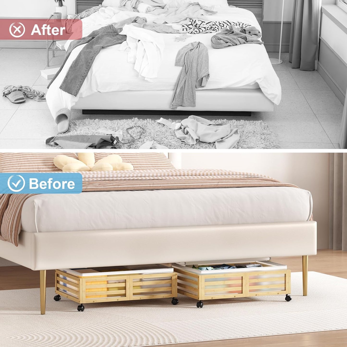 Under Bed Storage with Wheels-Large Bamboo Underbed storage Containers with Large Dust Bag Stackable Under the Bed Shoe Storage Bins for Clothes Books Bedding (2 Packs Nature, 23.62"L×16.54"W× 6.51"H)