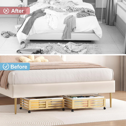 Under Bed Storage with Wheels-Large Bamboo Underbed storage Containers with Large Dust Bag Stackable Under the Bed Shoe Storage Bins for Clothes Books Bedding (2 Packs Nature, 23.62"L×16.54"W× 6.51"H)