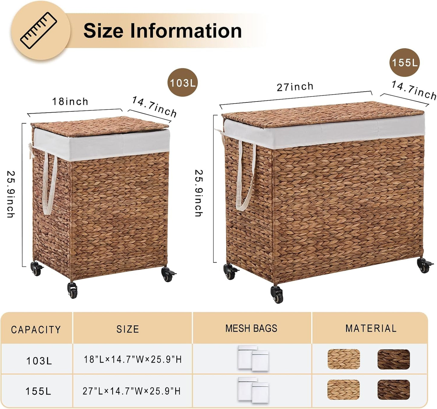 3-Section Laundry Hamper with Lid, Large Capacity Woven Natural Water Hyacinth Laundry Sorter with Removable Liners, Rolling or Non-Slip Design for Bedroom (Natural, 155L)