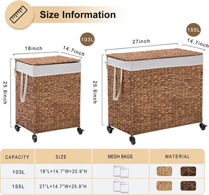 3-Section Laundry Hamper with Lid, Large Capacity Woven Natural Water Hyacinth Laundry Sorter with Removable Liners, Rolling or Non-Slip Design for Bedroom (Natural, 155L)