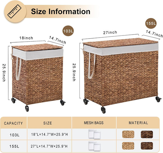 3-Section Laundry Hamper with Lid, Large Capacity Woven Natural Water Hyacinth Laundry Sorter with Removable Liners, Rolling or Non-Slip Design for Bedroom (Natural, 155L)