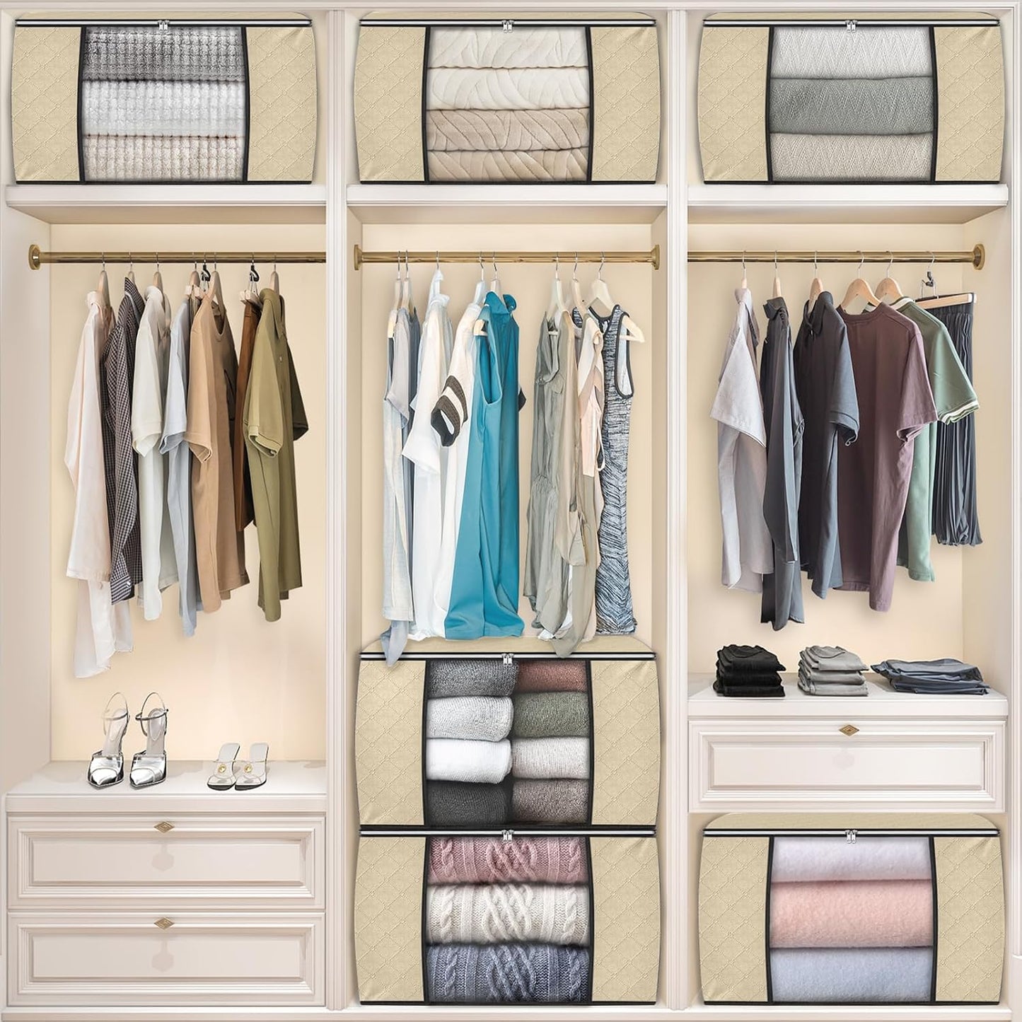 Fab totes 6 Pack Storage Bags for Clothes and Blanket, Foldable Closet Organizers and Storage with Zippers, Clear Window and Handles, Fabric Storage Bins for Sweater, Comforter, Bedding,Linen Sheets