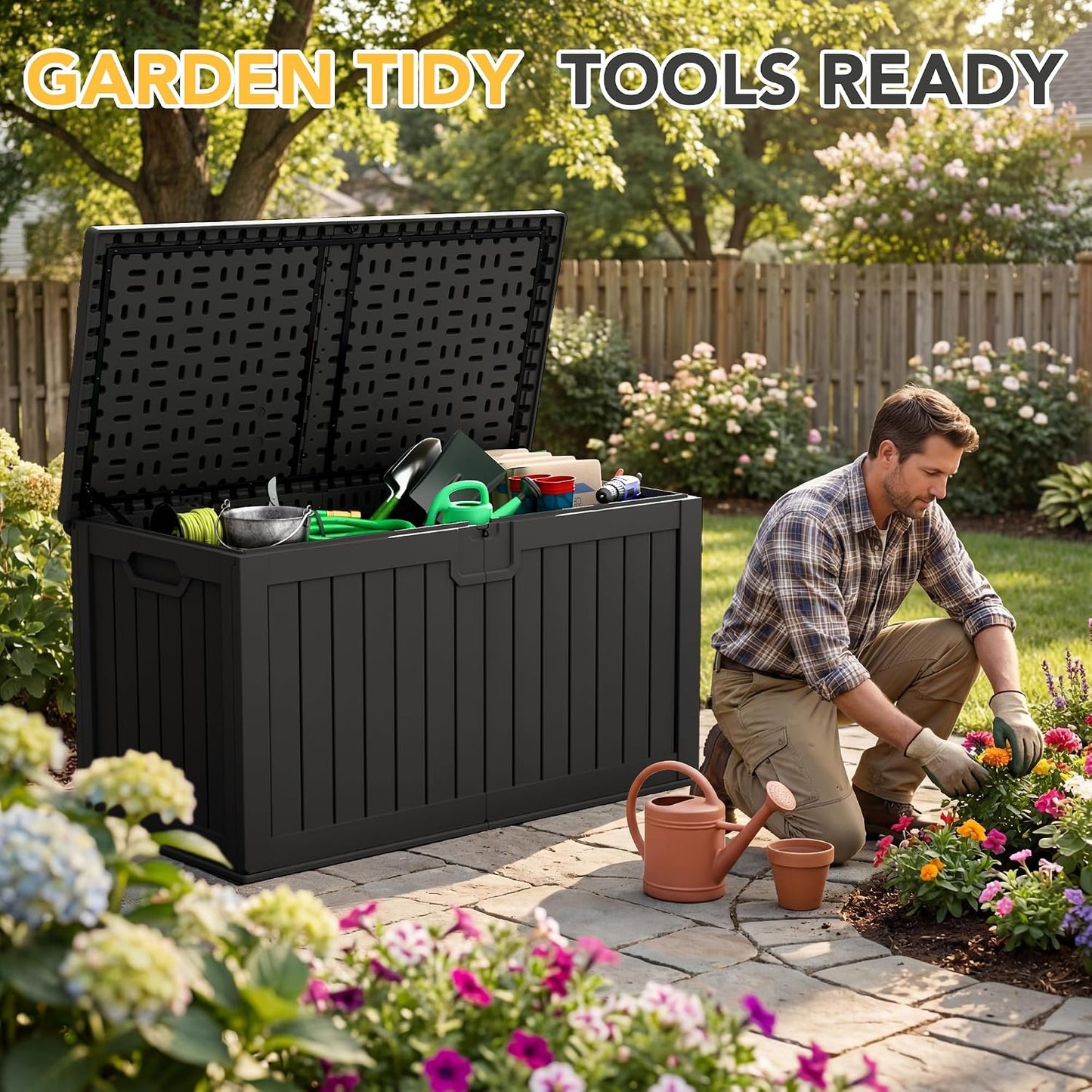 32 Gallon Deck Box Outdoor Indoor Waterproof Storage Box for Patio Furniture, Pool Accessories, Garden Tools, and Cushion Storage, Black