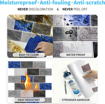 URCOLOR 10-Sheet Subway Tile Peel and Stick Backsplash for Kitchen,12"x12" Self Adhesive Wall Tiles Sticker on Back Splashes for Bathroom Gray Marble Design
