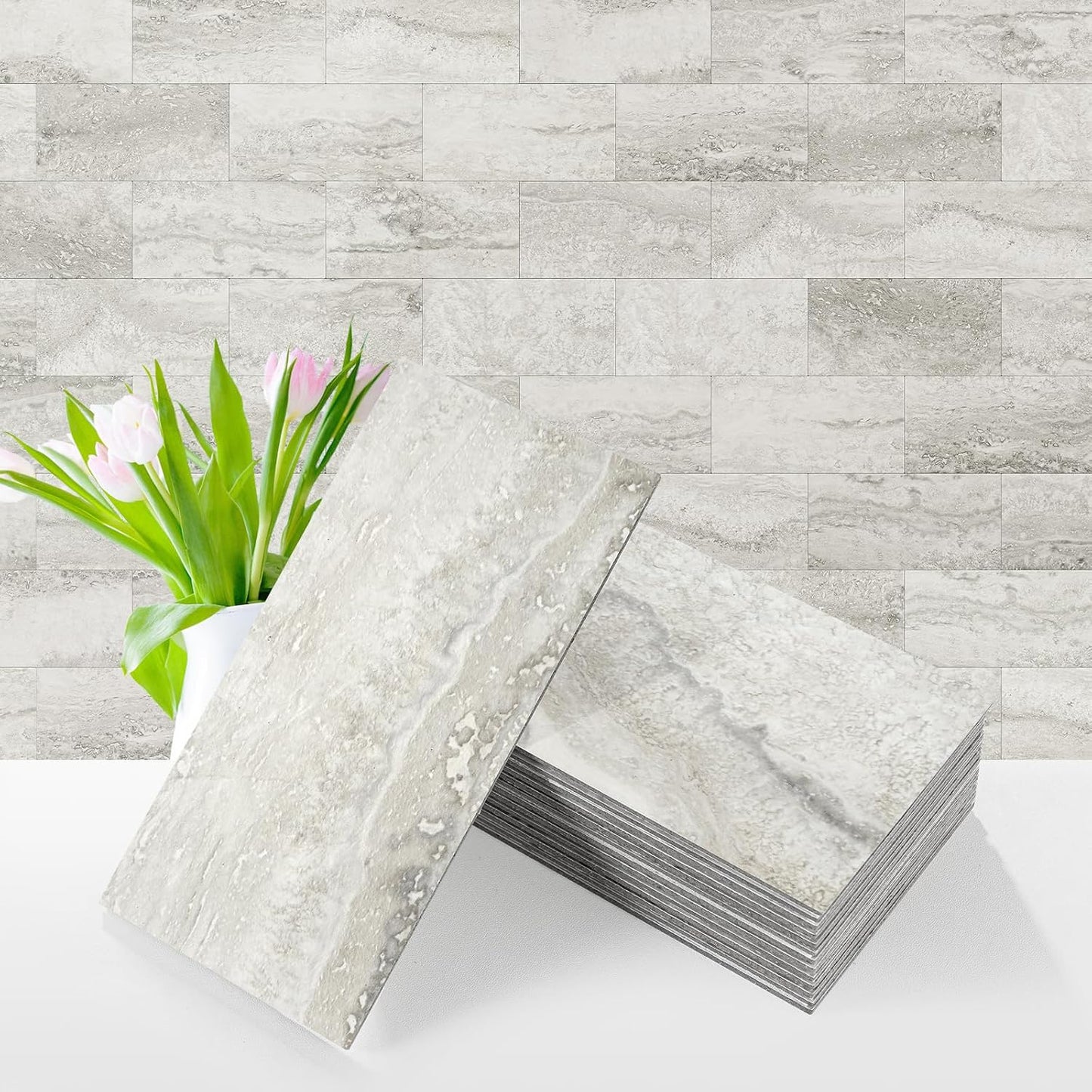 Vamos Tile 100-Piece Glossy Dolomite White Peel and Stick Backsplash Tile,3''x6'' PVC Subway Tile with White Grout, Stick on Backsplash for Kitchen/Bathroom/Fireplace