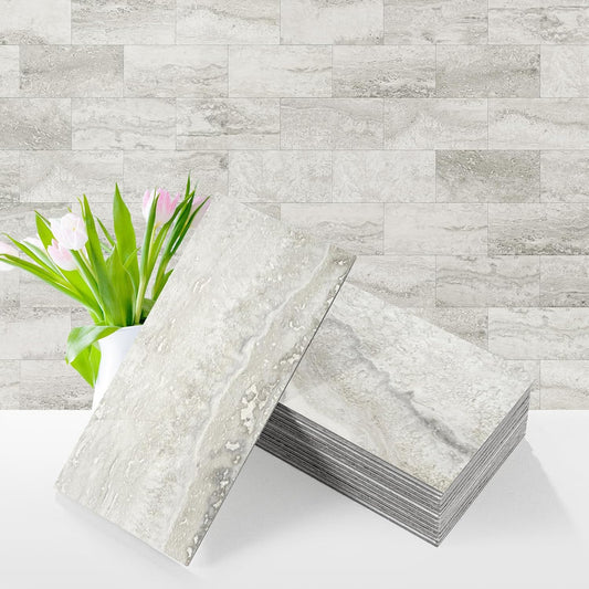Vamos Tile 100-Piece Glossy Dolomite White Peel and Stick Backsplash Tile,3''x6'' PVC Subway Tile with White Grout, Stick on Backsplash for Kitchen/Bathroom/Fireplace