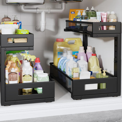 2-Pack Under Sink Storage Organizer, Large 2-Tier Elegant Mesh Pull Out Shelf for Kitchen and Bathroom Cabinet Organization, L-Shaped and Adjustable Height Design,Patent Pending-Black