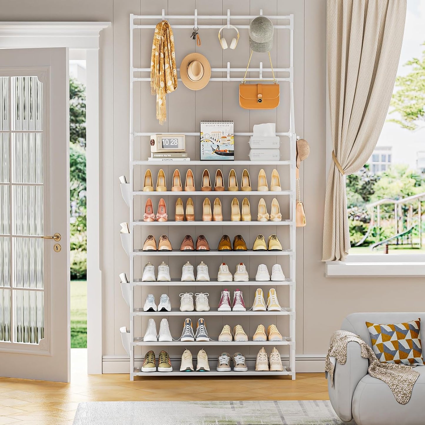OYREL Shoe Rack, 5 Tier Shoes Storage Organizer, with Functional Hooks and Side Pocket, 20-25 Pairs, for Closet/Entrance/Entryway, Sneaker and Boot Stackable Free Standing Shoe Rack