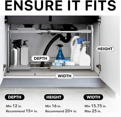 Simple Houseware Under Sink 2-Tier Heavy Duty Expandable Rack Organizer, Adjustable Width 15.75–25 Inches with 4 Shelf Height Levels, Silver