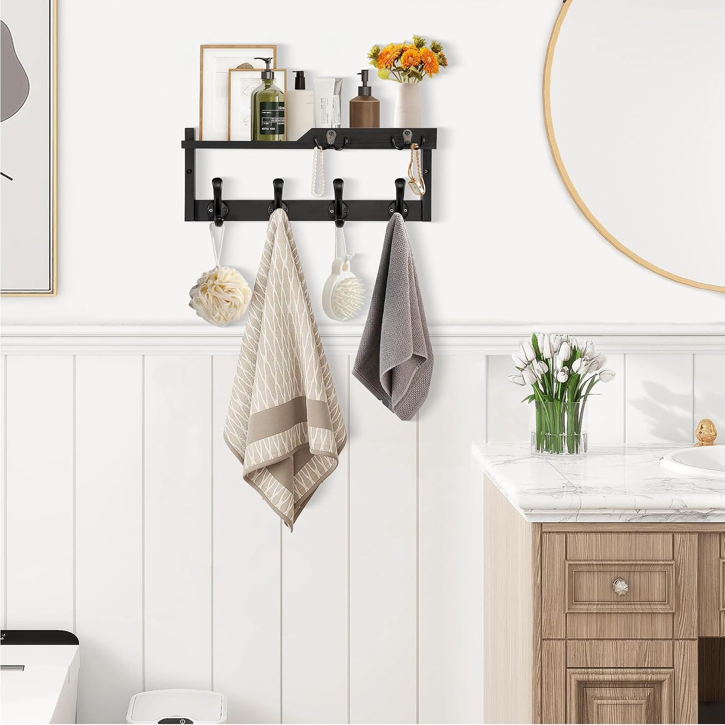 dreampossible Coat Rack Wall Mount with Shelf, Coat Hanger Wall Mount with Key Hooks and Mail Holder, Wood Entryway Floating Shelf with Hooks and Storage, Hat Rack for Wall Key Holder Mail Organizer
