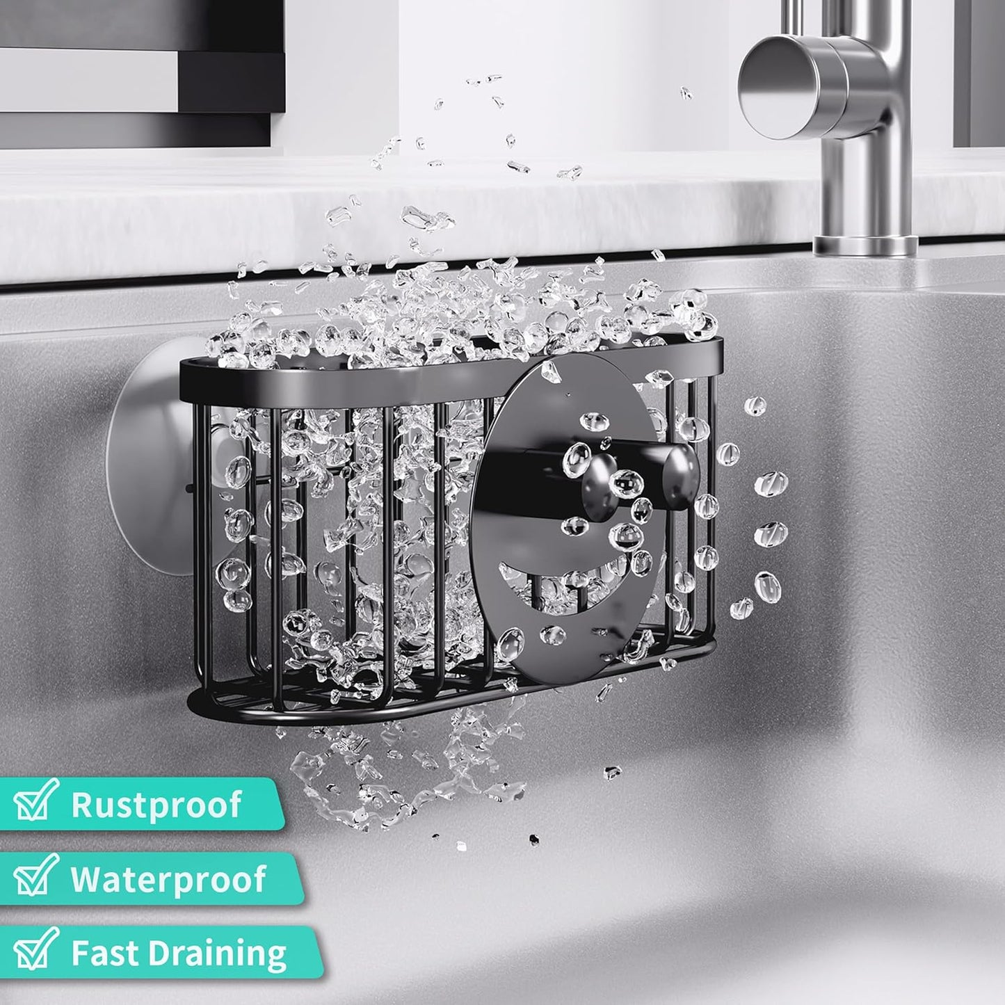 HapiRm Multifunctional Sponge Holder with Unique M-Shaped, 2 Installation Methods Kitchen Sink Caddy Organizer, Rustproof Stainless Steel Kitchen Organizers and Storage Essentials - Black