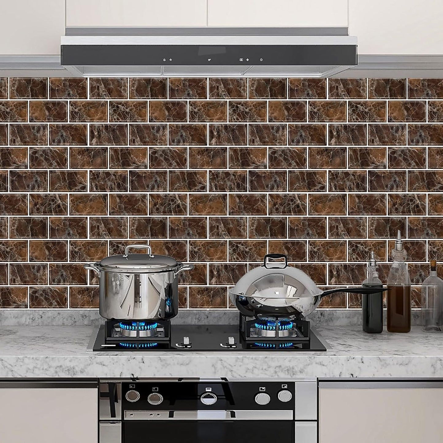 URCOLOR 10-Sheet Stick on Backsplash for Kitchen,12"x12" Peel and Stick Self Adhesive Wall Tiles Back Splashes for Bathroom Brown Marble Look