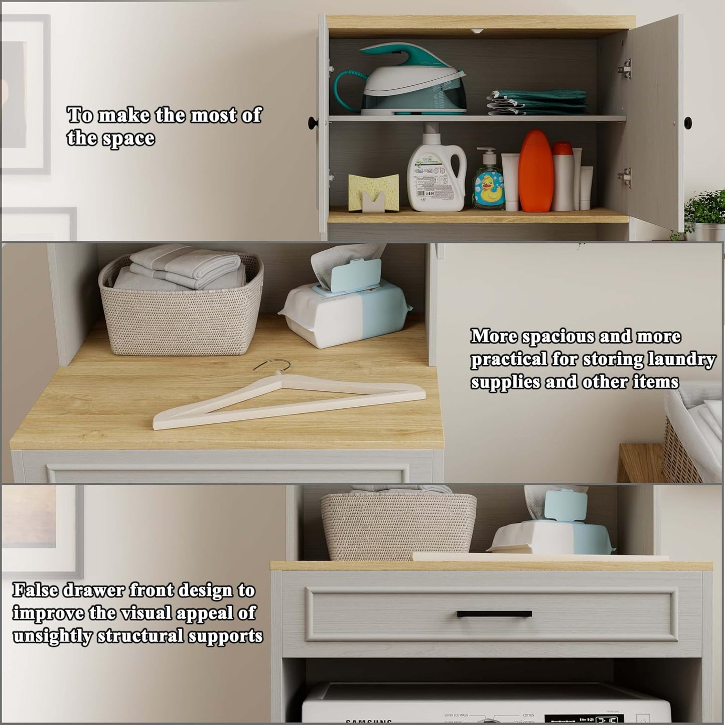 Laundry Room Storage Cabinet with Doors, Washer Dryer Countertop with Shelf & Laundry Basket, Over The Washer and Dryer Storage Shelf Cabinet for Bathroom, Easy Assembly (Large)