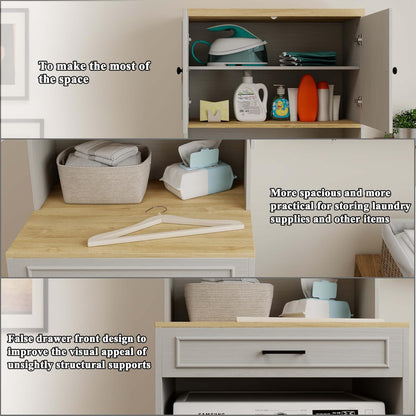 Laundry Room Storage Cabinet with Doors, Washer Dryer Countertop with Shelf & Laundry Basket, Over The Washer and Dryer Storage Shelf Cabinet for Bathroom, Easy Assembly (Large)