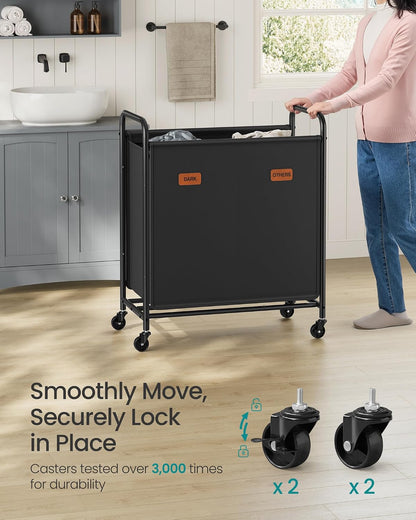 SONGMICS 3-Section Laundry Sorter, Laundry Hamper with Wheels, Rolling Clothes Hamper Cart with Large Capacity and Removable Bags, for Laundry Room, Bedroom, Bathroom, Ink Black URLS330B01