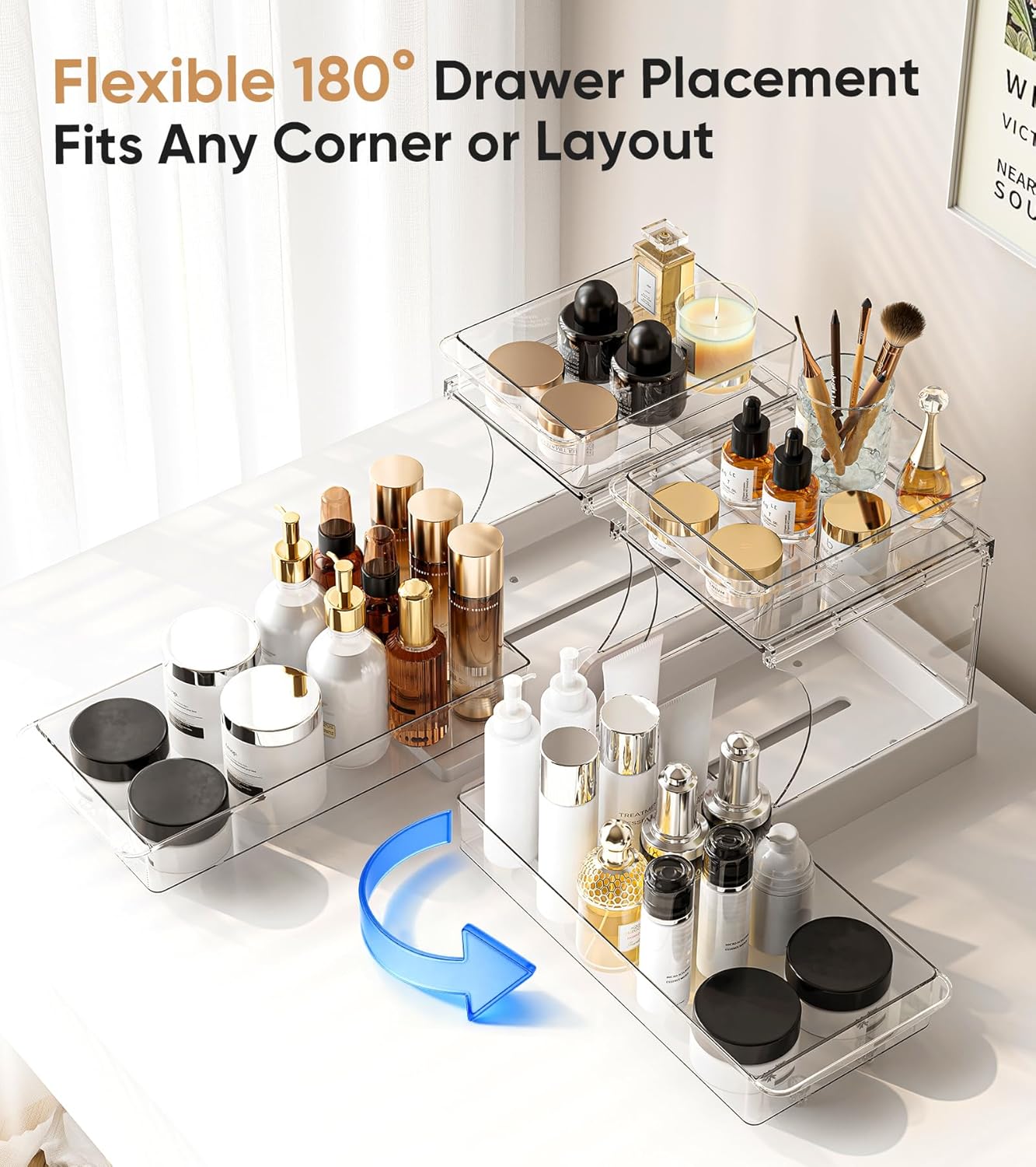 YICHE 2 Tier Multi-Purpose Office Sliding Organizer Shelf, Kitchen Countertop Organizer Drawer for Bathroom Under Sink & Coffee Bar, Space Saving Pull Out Medicine Cabinet Organization Storage Rack