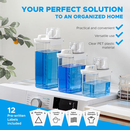 [3 Pack] Liquid Laundry Detergent Dispenser for Laundry Room Organization and Storage, 78oz Large Capacity Laundry Soap Containers with 12 Removable Labels, BPA Free & PET Plastic Clear