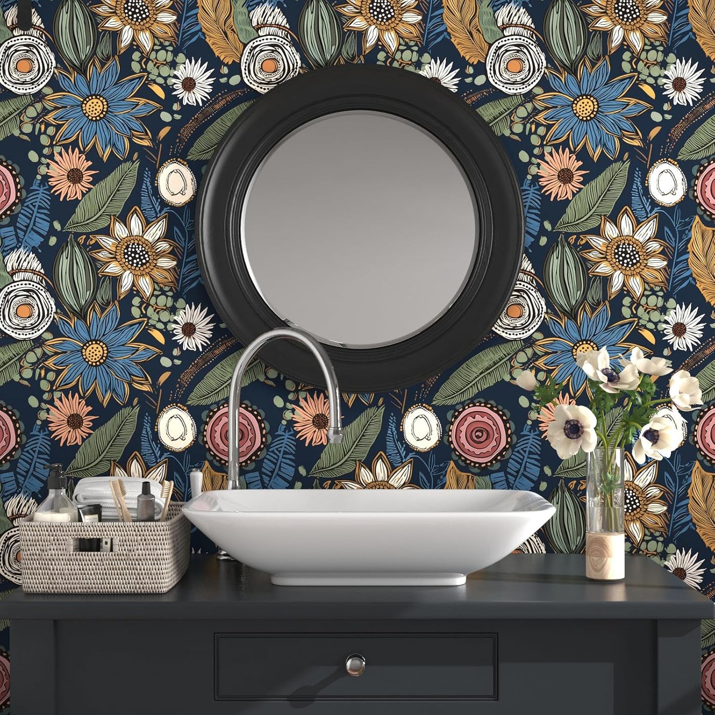 Blue Wallpaper Peel and Stick,Vintage Boho Floral Contact Paper 17.5" x 118", Retro Botanical Flower Wall Paper Self Adhesive Removable Waterproof for Walls Shelves Cabinet Table (Blue,Yellow, Green)
