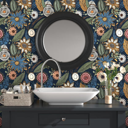 Blue Wallpaper Peel and Stick,Vintage Boho Floral Contact Paper 17.5" x 118", Retro Botanical Flower Wall Paper Self Adhesive Removable Waterproof for Walls Shelves Cabinet Table (Blue,Yellow, Green)