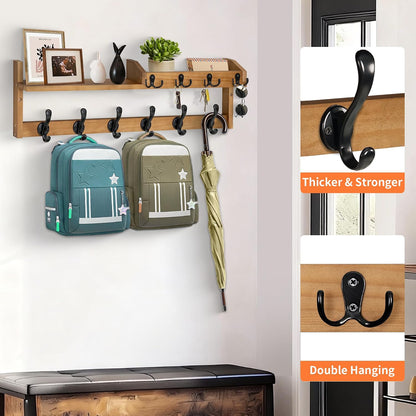 Coat Rack Wall Mount with Shelf, 27.5" Entryway Wall Hanging Shelf, Coat and Key Hanger with 10 Dual Hooks, Mail Organizer and Key Holder Hat Rack for Wall, Wood Coat Hooks with Storage