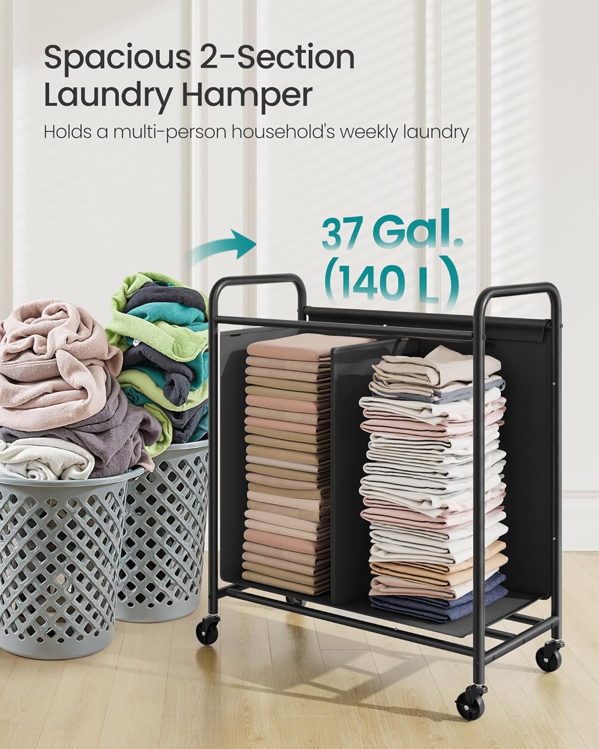 SONGMICS 3-Section Laundry Sorter, Laundry Hamper with Wheels, Rolling Clothes Hamper Cart with Large Capacity and Removable Bags, for Laundry Room, Bedroom, Bathroom, Ink Black URLS330B01