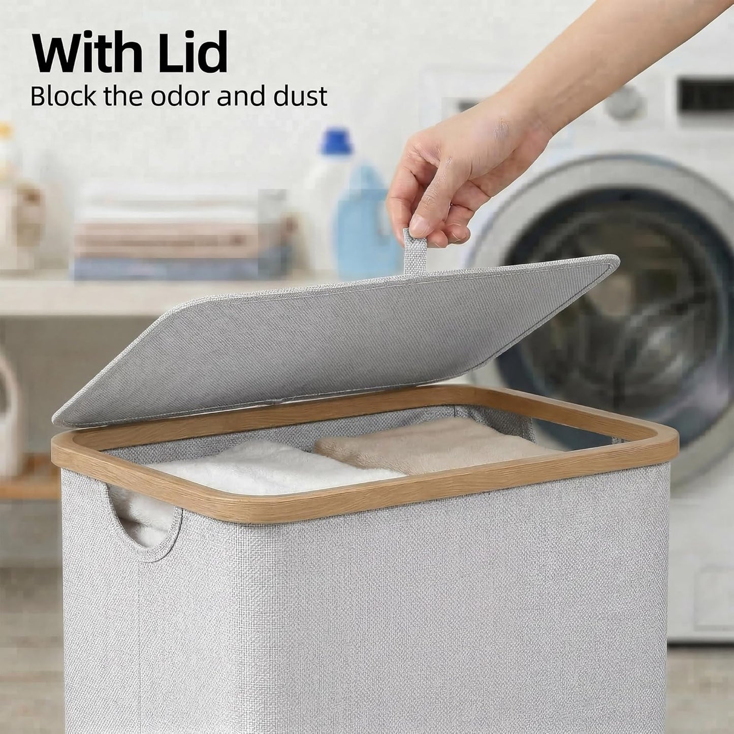 efluky Slim Laundry Basket with Lid, Narrow Laundry Hamper with Removable Bag, Skinny Dirty Clothes Basket with Bamboo Handles for Bathroom, Bedroom & Laundry Room, 75L Beige