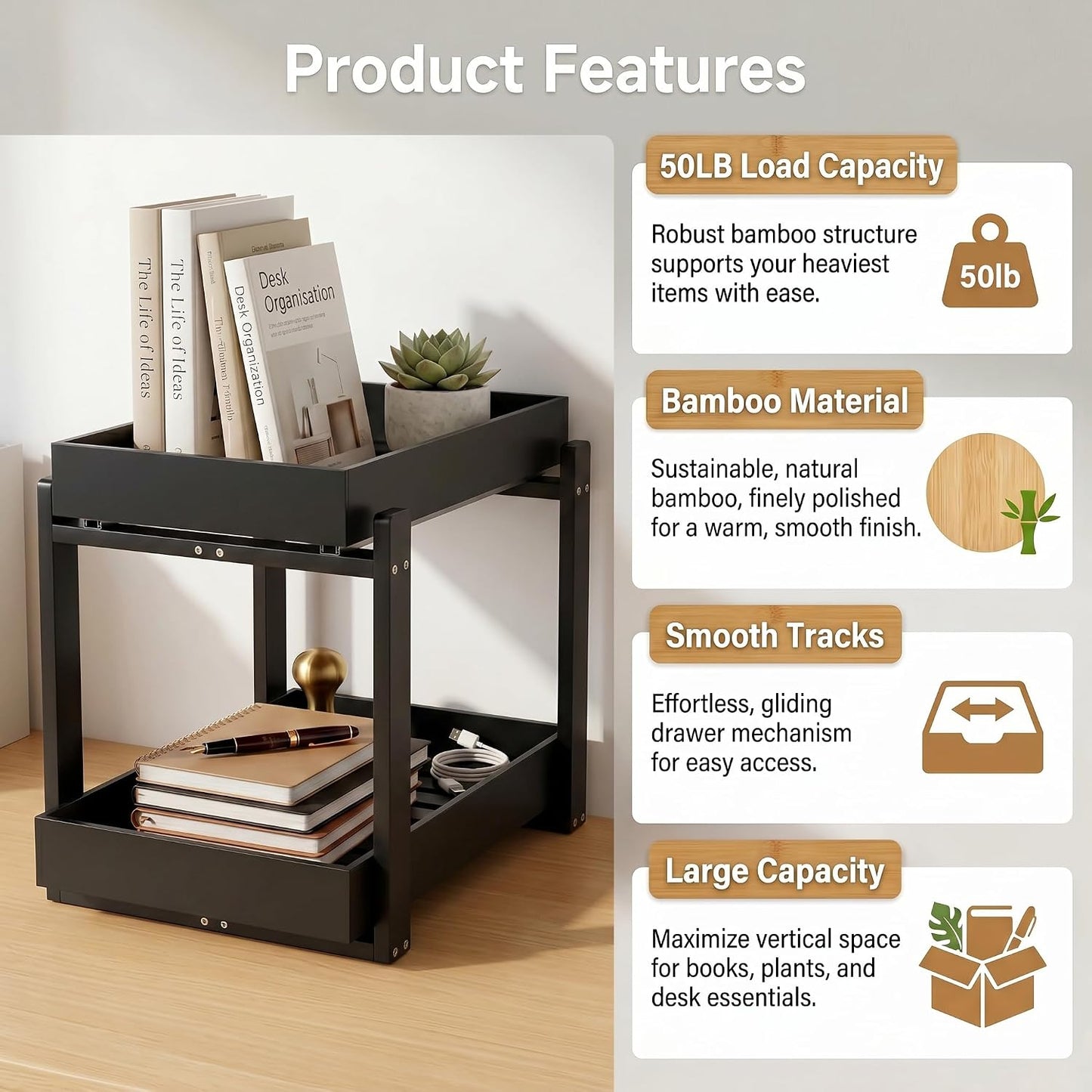 Bamboo Under Sink Organizer Adjustable Height 2 Tier Bathroom Organizer Pull Out Cabinet Storage Kitchen Heave Duty Wood Slide Ou Shelf for Kitchen Bathroom (Black, 2 Packs) (Black, 2 Pack)