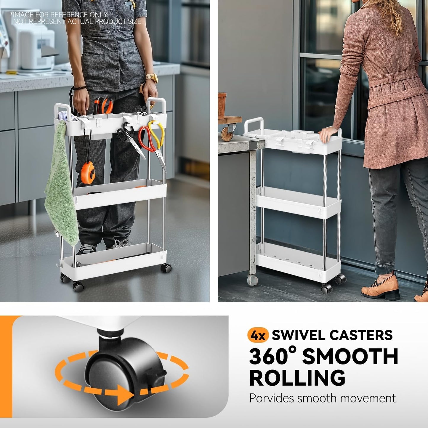 Auto Dynasty 3 Tier Slim Rolling Cart with Handle, Multifunction Utility Storage Rolling Cart, Movable Storage Organizer with Wheels for Office, Bathroom, Kitchen, Narrow Places (White)