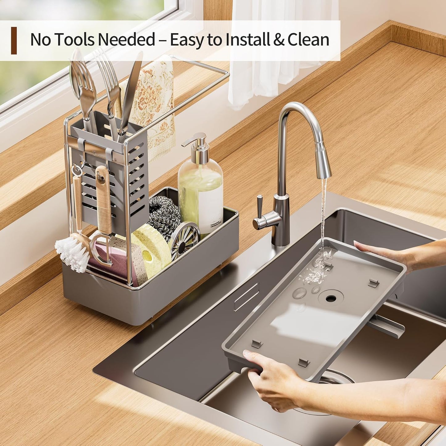MOUKABAL Sponge Holder for Kitchen Sink – Rustproof Stainless Steel, 360° Rotating Drain Pipe, Large Counter Organizer with Drip Tray for Sponges, Brushes & Dish Cloths Black