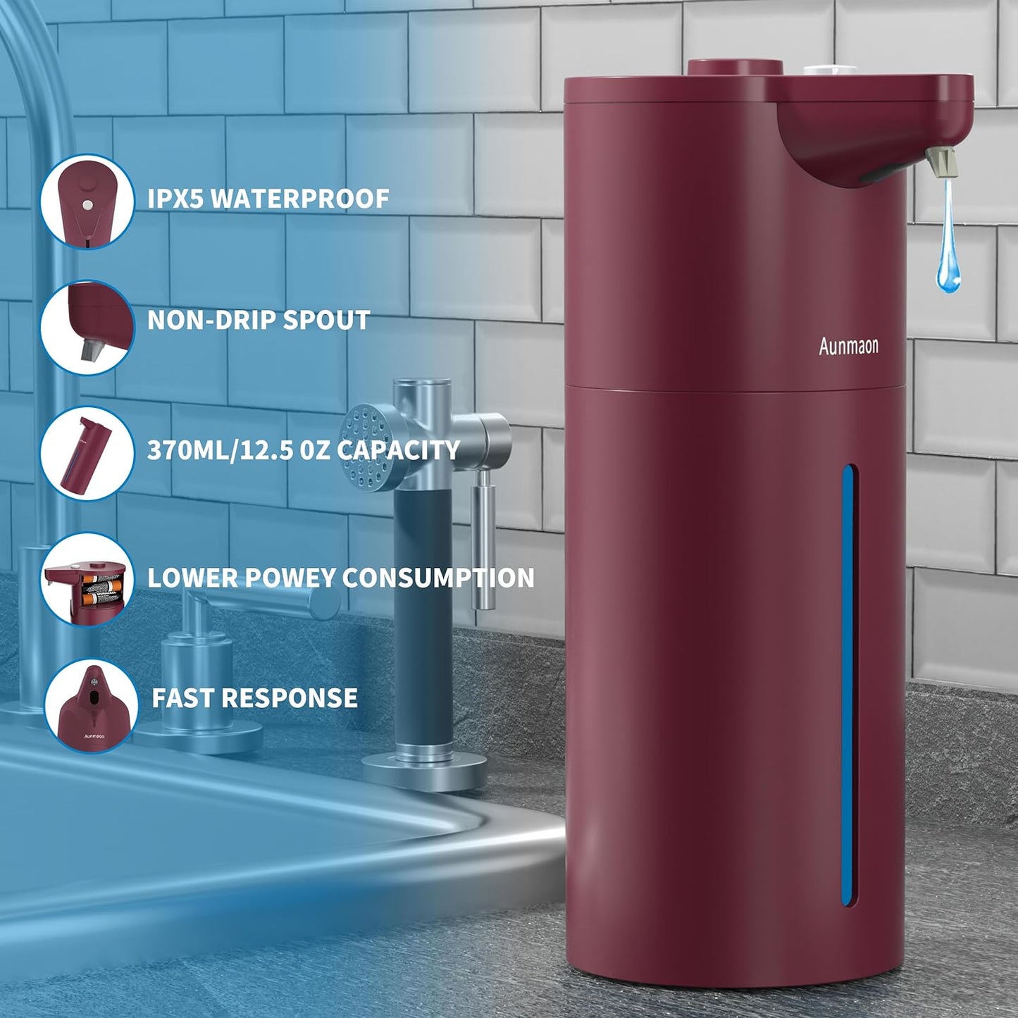 Aunmaon Automatic Soap Dispenser Touchless, Hands-Free, Multi Adjustable Volume, Long Battery Life, Compatible with Thick & Thin Dish/Hand Soap for Bathroom and Kitchen, Easy for Toddlers, Black