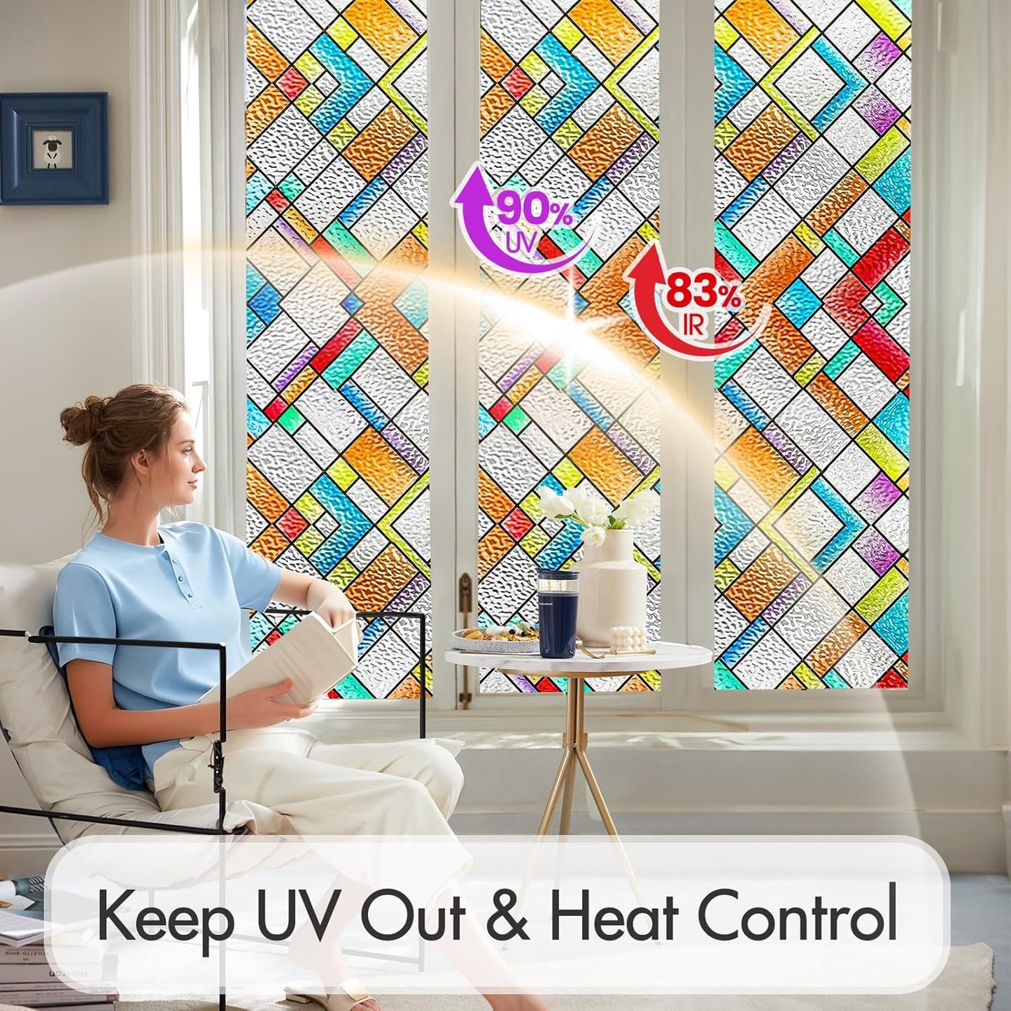SUNBABY Reeded Glass Window Privacy Film, Frosted Glass Window Film for Bathroom & Front Door, Static Cling Decorative 3D Window Stickers Day and Night Privacy Sun Heat Blocking (17.5 x 78.7 Inch)