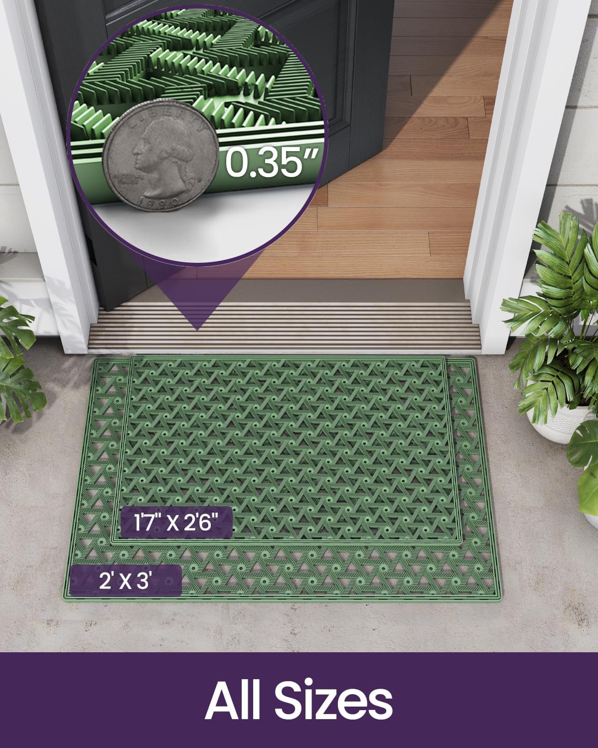 DEXI Front Door Mat Outside Entrance Rubber 19x30, Welcome Floor Doormat Heavy Duty Non Slip, Dirt Trapper Waterproof Exterior Entry Mats All Weather for Patio Entryway Drainage, Black