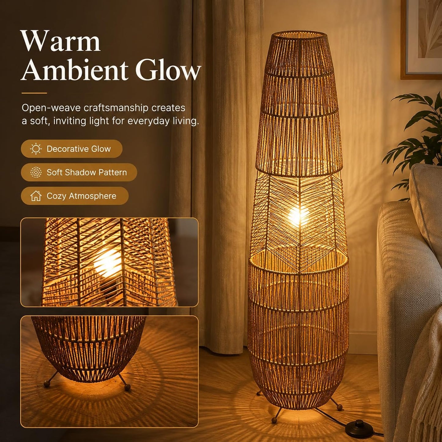 MIXL-Farmhouse Style Bamboo Floor Lamp,Large Wicker Indoor Floor Light,Boho Standing Light Plug in,Modern Minimalist Standing Lamp for Living Room Bedroom