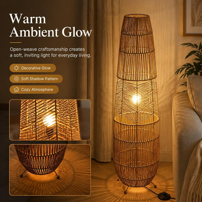 MIXL-Farmhouse Style Bamboo Floor Lamp,Large Wicker Indoor Floor Light,Boho Standing Light Plug in,Modern Minimalist Standing Lamp for Living Room Bedroom