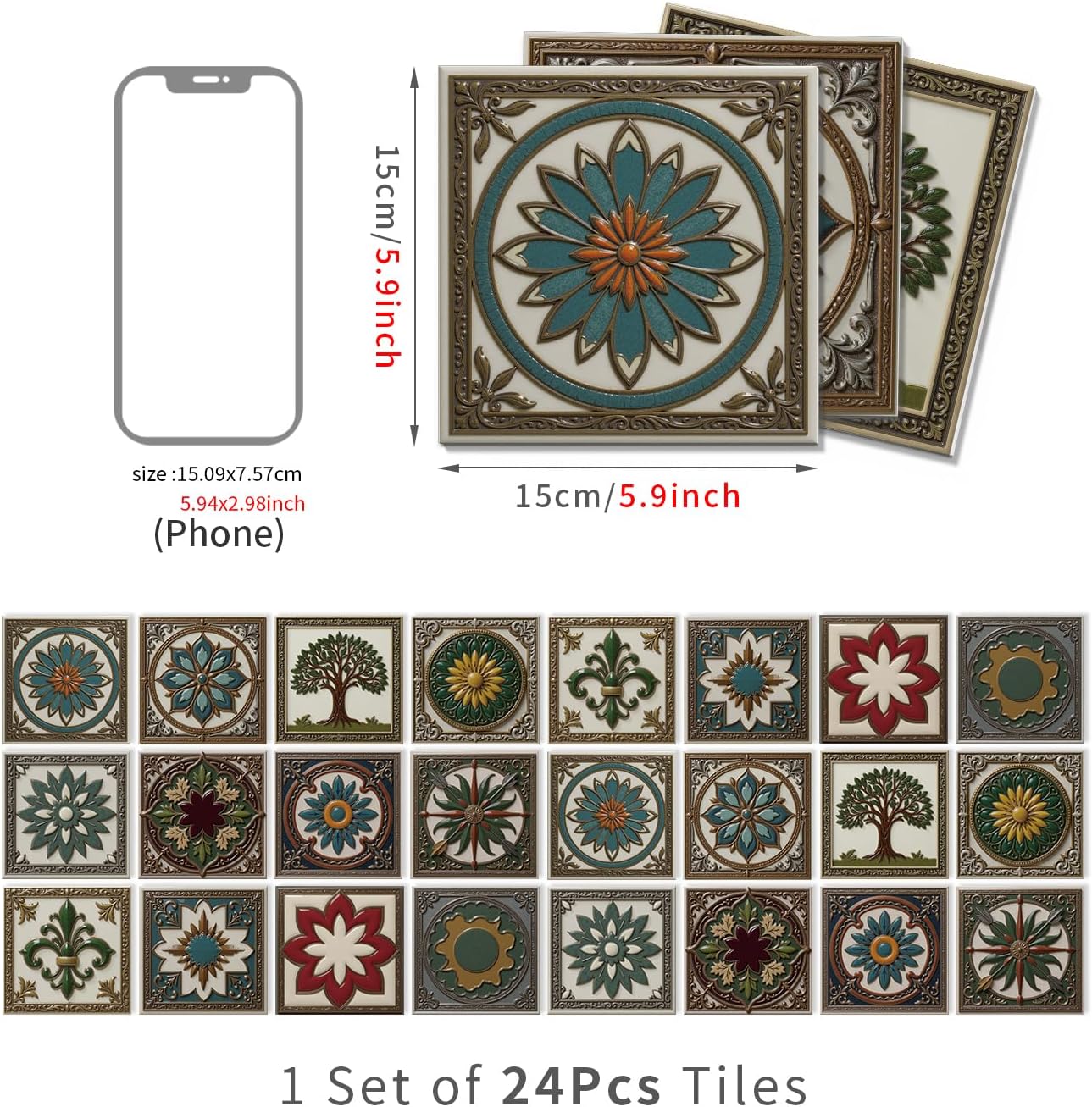 Peel and Stick Backsplash Tile Sticker for Kitchen and Bathroom Walls - 24 Removable 5.9"x5.9" Tiles, Waterproof